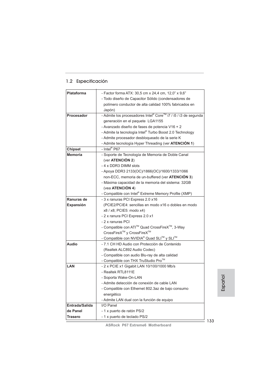 Español 1.2 especificación | ASRock P67 Extreme6 User Manual | Page 133 / 312
