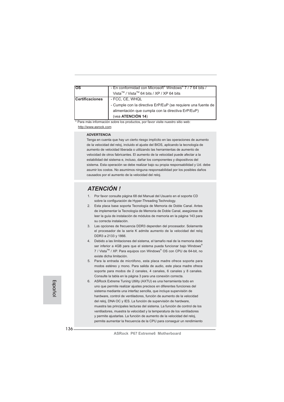 Atención, Español | ASRock P67 Extreme6 User Manual | Page 136 / 312