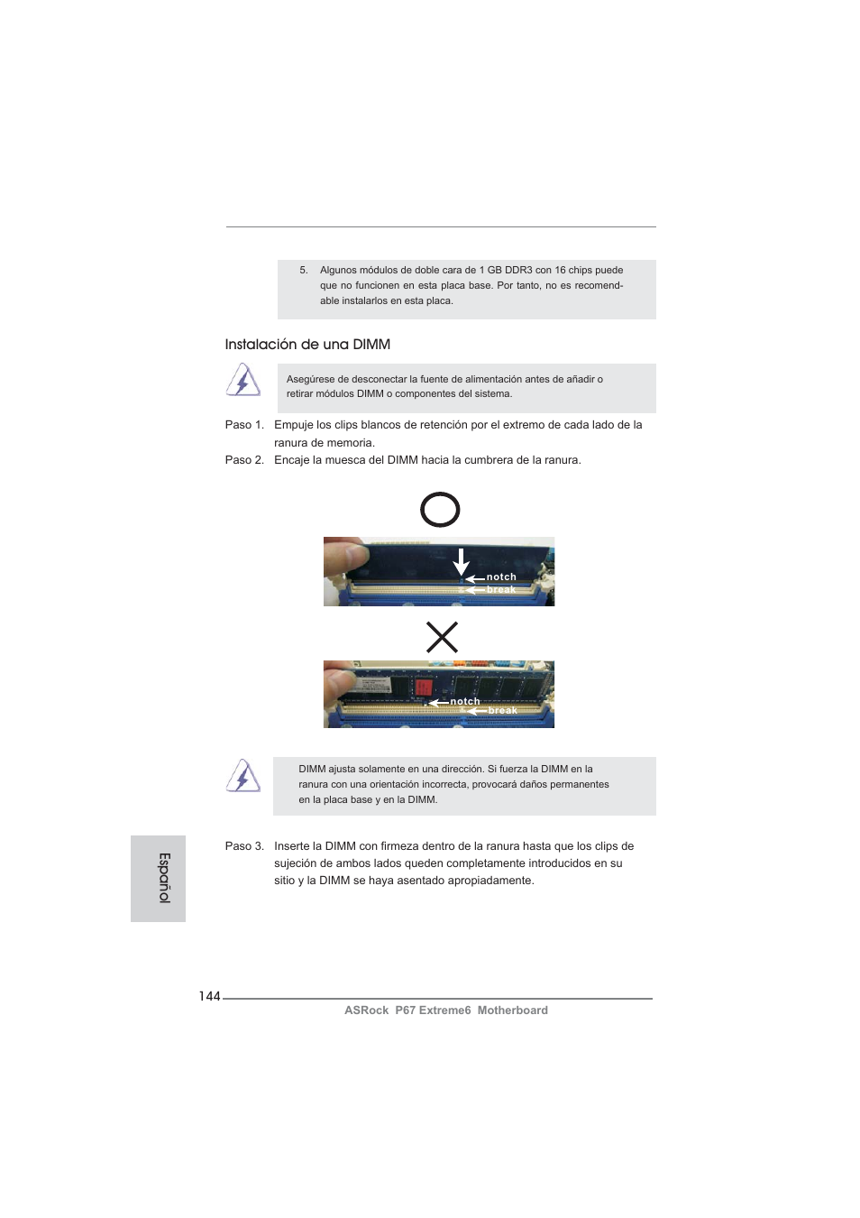 Instalación de una dimm, Español | ASRock P67 Extreme6 User Manual | Page 144 / 312