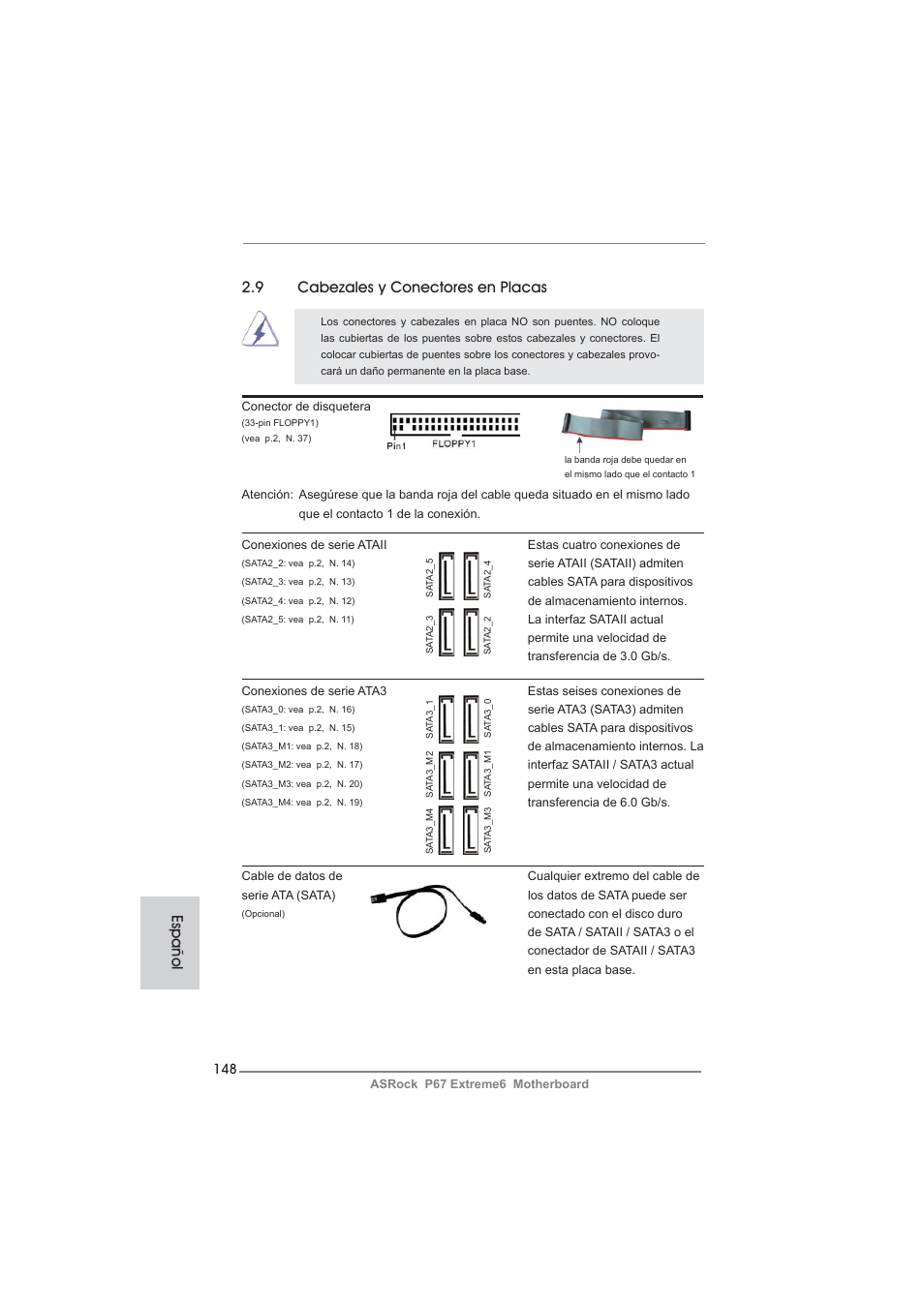 9 cabezales y conectores en placas, Español | ASRock P67 Extreme6 User Manual | Page 148 / 312