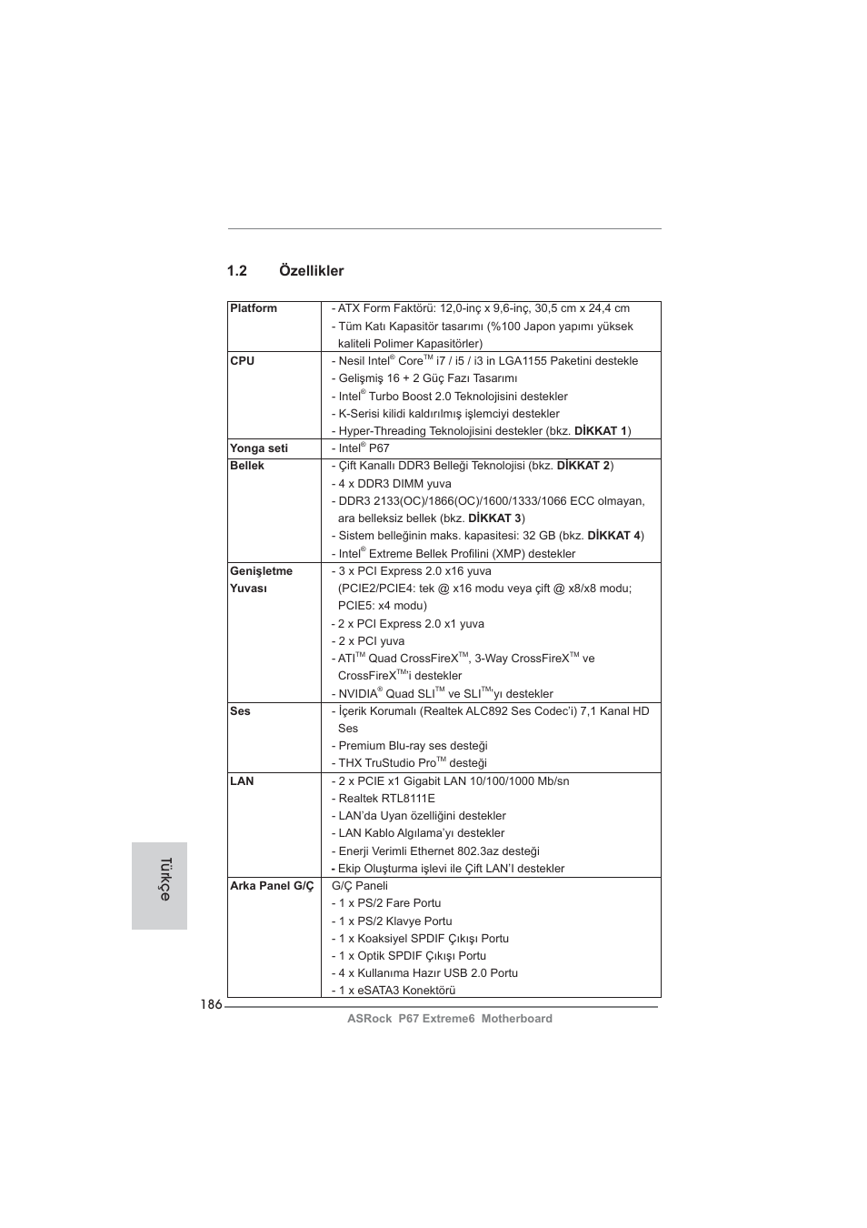 2 özellikler, Türkçe | ASRock P67 Extreme6 User Manual | Page 186 / 312