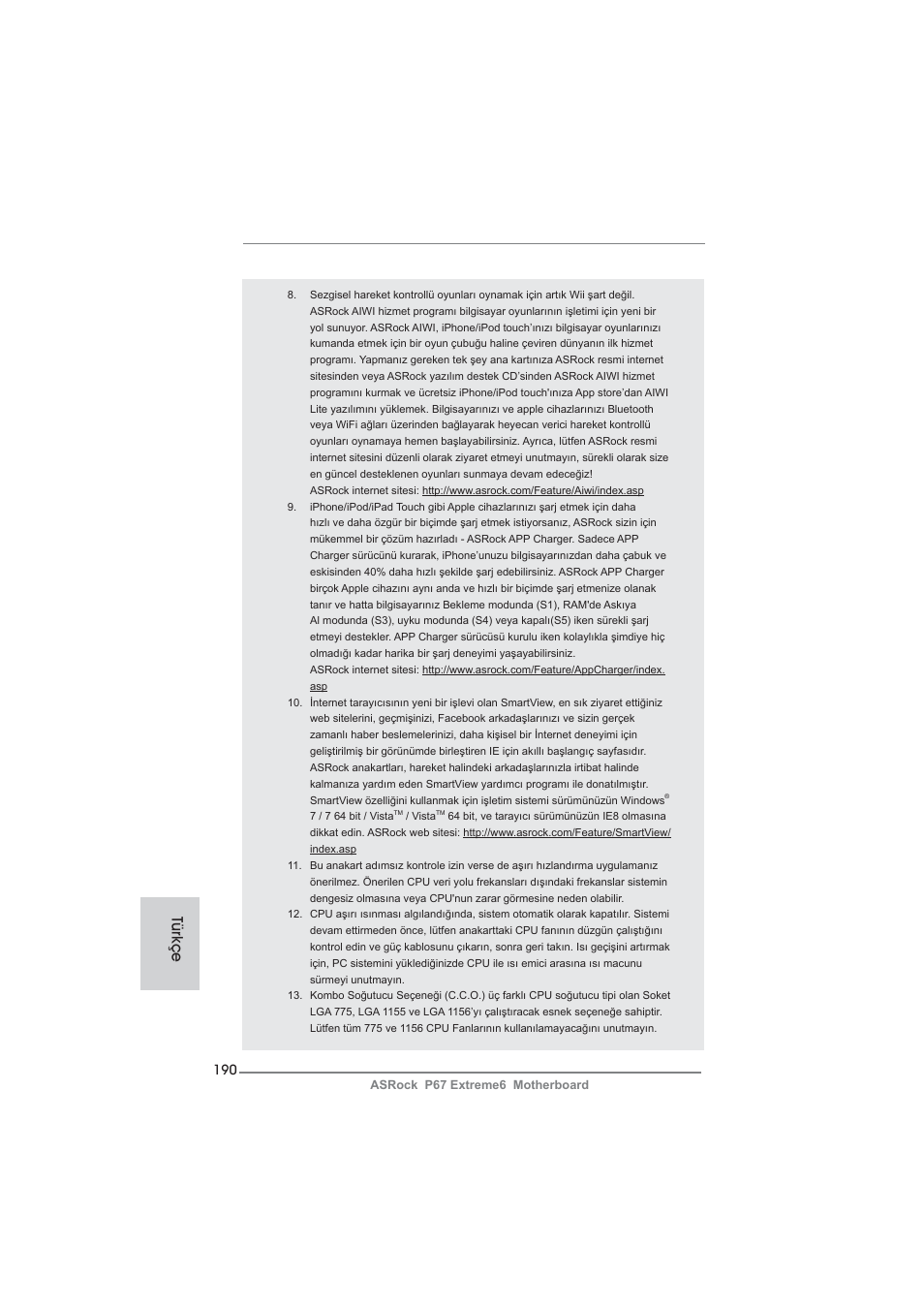 Türkçe | ASRock P67 Extreme6 User Manual | Page 190 / 312