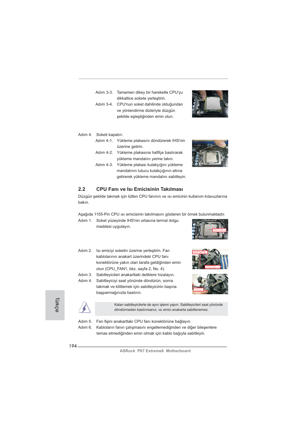 2 cpu fanı ve isı emicisinin takılması, Türkçe | ASRock P67 Extreme6 User Manual | Page 194 / 312