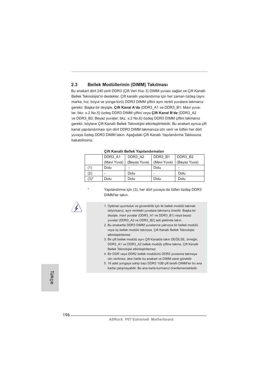 3 bellek modüllerinin (dimm) takılması, Türkçe | ASRock P67 Extreme6 User Manual | Page 196 / 312