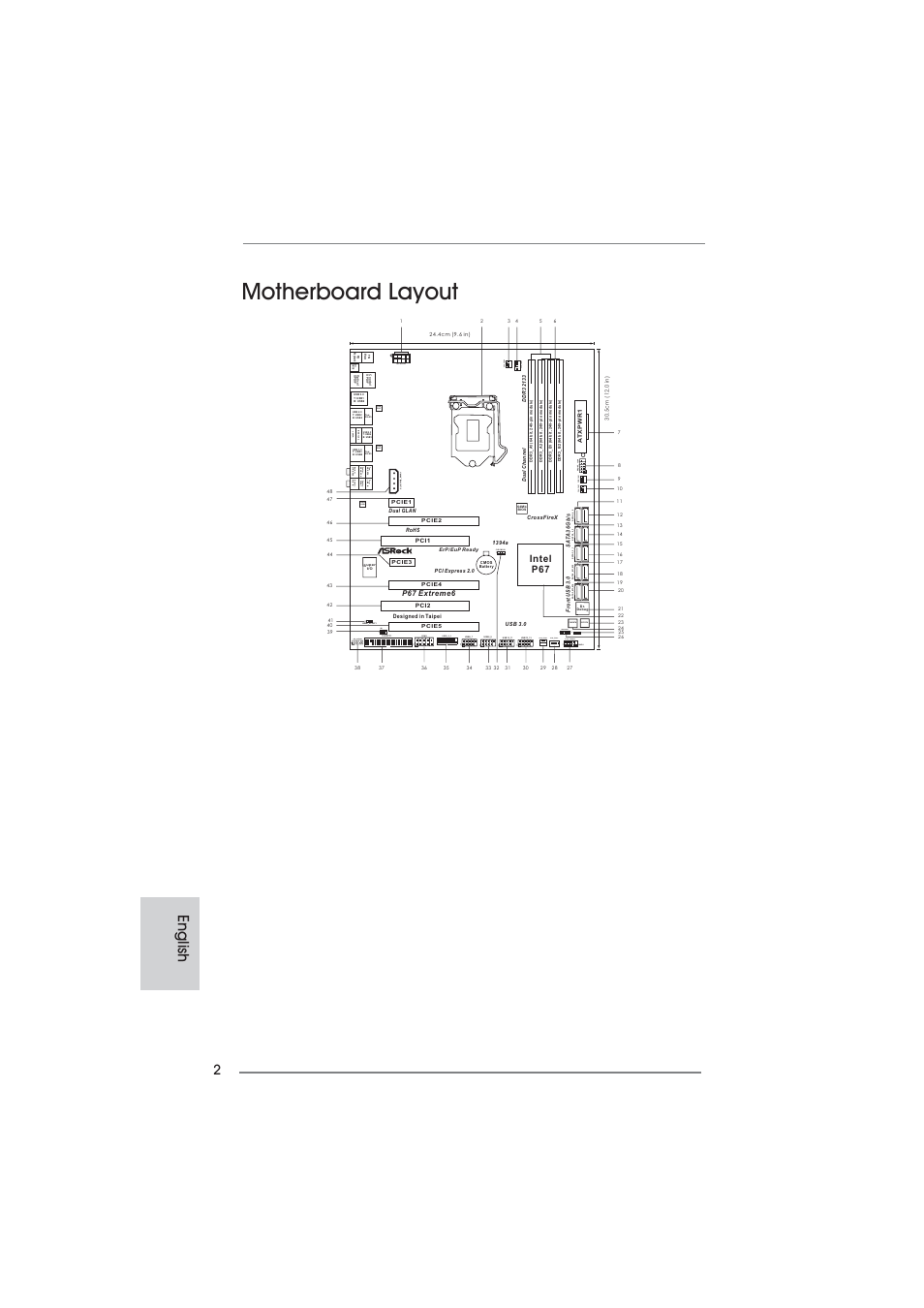 Motherboard layout, English, Clrcmos1 | Pwrbtn rstbtn, Hdled reset pled pwrbtn panel1, 1hd_audio1, Com1, Lan phy audio codec, Pwr_f an1 cha_f an3 cha_fan1 cha_fan2, Lan phy | ASRock P67 Extreme6 User Manual | Page 2 / 312