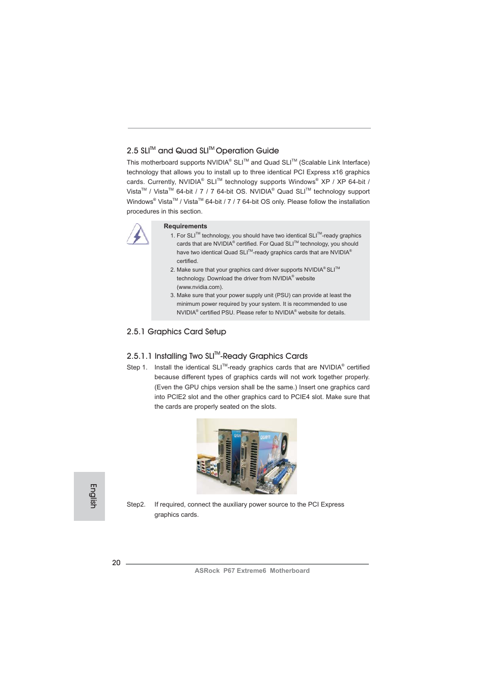 English 2.5 sli, And quad sli, Operation guide | Ready graphics cards | ASRock P67 Extreme6 User Manual | Page 20 / 312