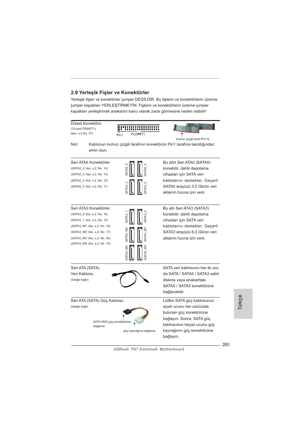 Türkçe, 9 yerleşik fişler ve konektörler | ASRock P67 Extreme6 User Manual | Page 201 / 312