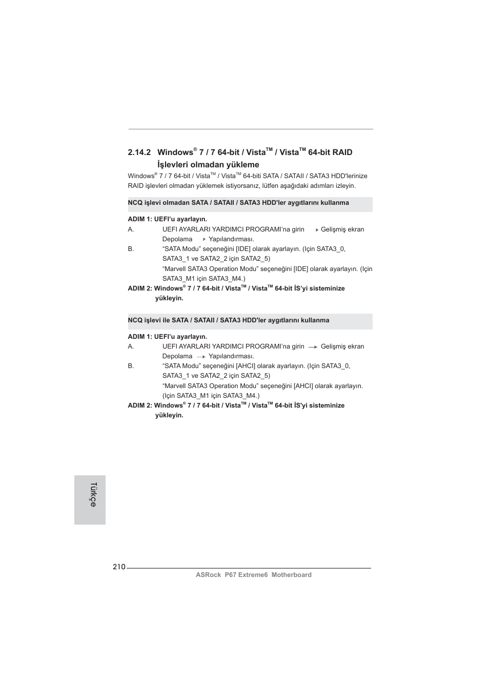 2 windows, 7 / 7 64-bit / vista, Vista | Bit raid işlevleri olmadan yükleme, Türkçe | ASRock P67 Extreme6 User Manual | Page 210 / 312