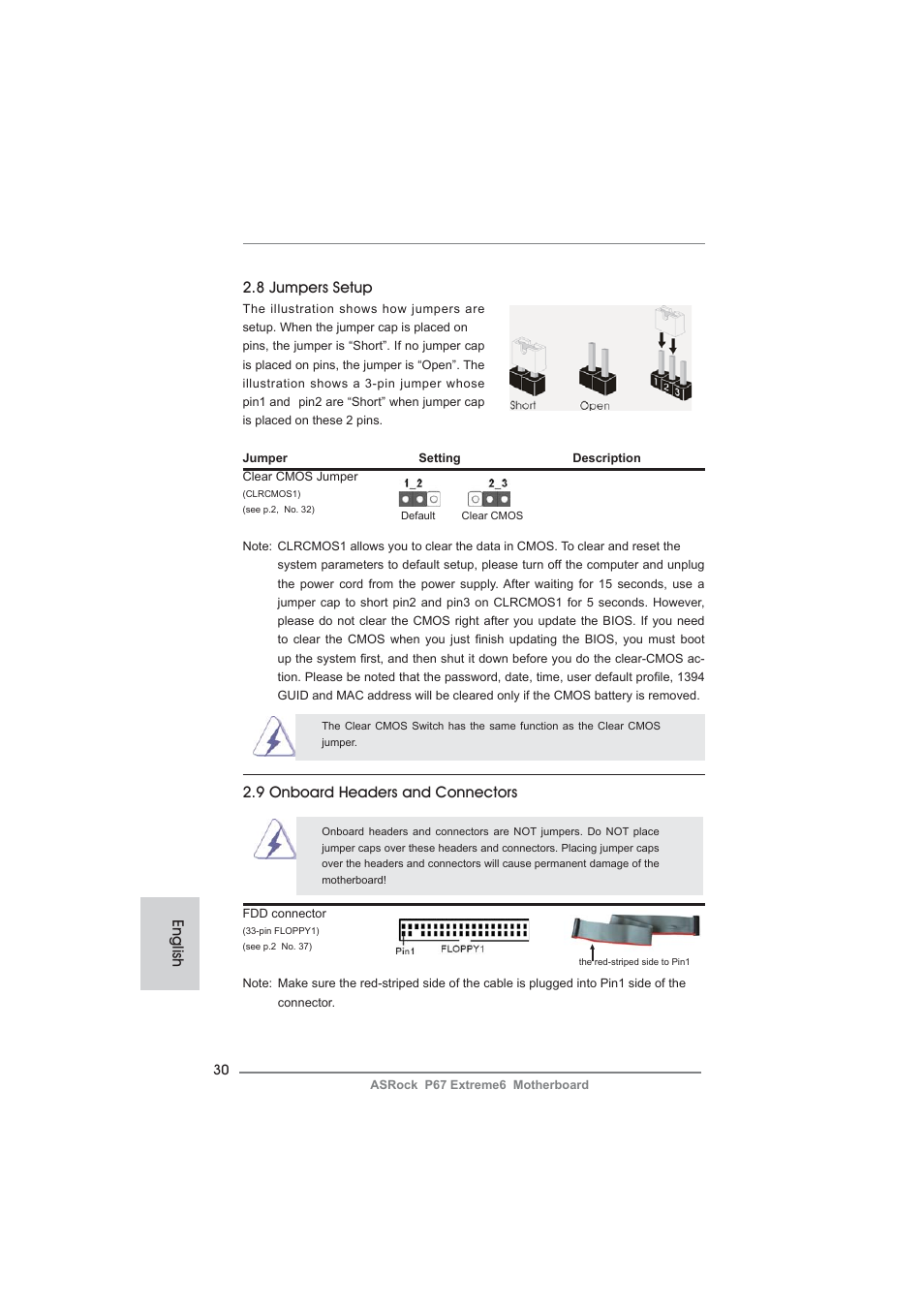 English 2.8 jumpers setup, 9 onboard headers and connectors | ASRock P67 Extreme6 User Manual | Page 30 / 312