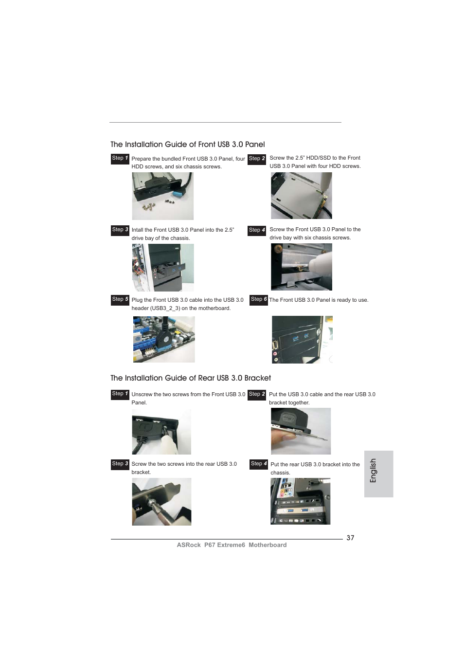 The installation guide of rear usb 3.0 bracket | ASRock P67 Extreme6 User Manual | Page 37 / 312