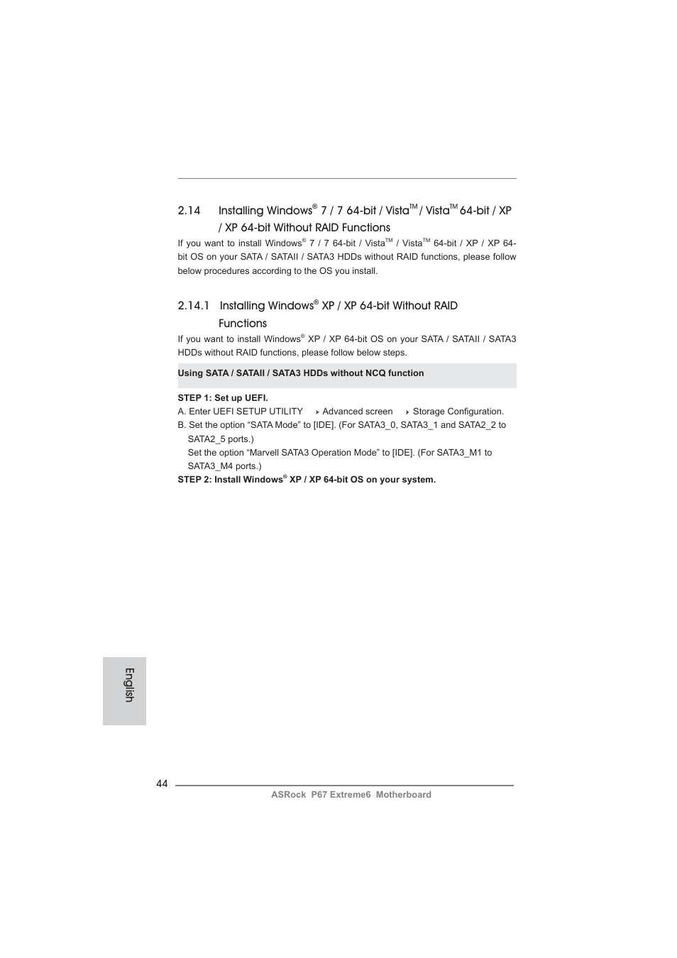 14 installing windows, 7 / 7 64-bit / vista, Vista | Bit / xp / xp 64-bit without raid functions, 1 installing windows, Xp / xp 64-bit without raid functions, English | ASRock P67 Extreme6 User Manual | Page 44 / 312