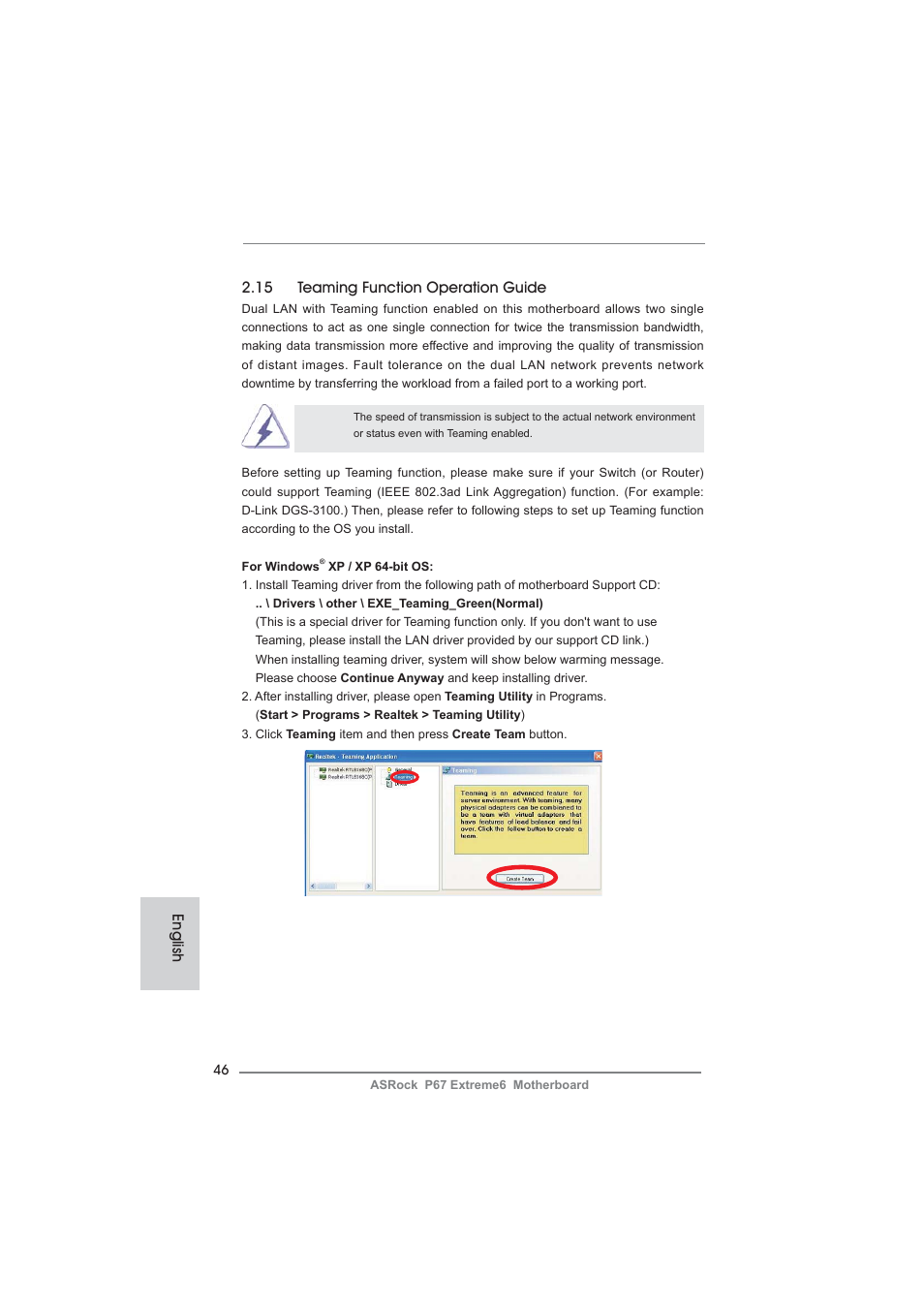 English 2.15 teaming function operation guide | ASRock P67 Extreme6 User Manual | Page 46 / 312