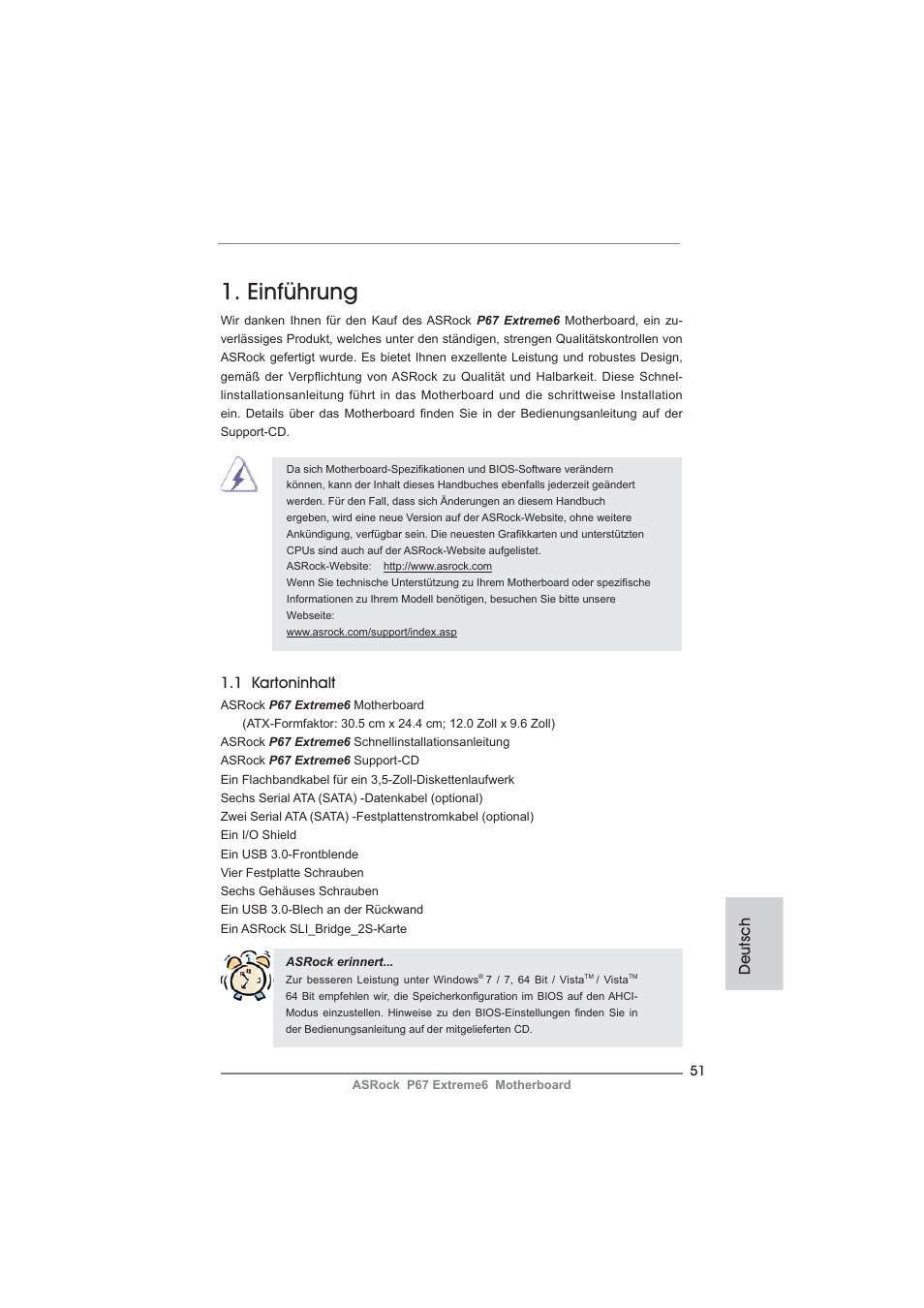 German, Einführung, 1 kartoninhalt | Deutsch | ASRock P67 Extreme6 User Manual | Page 51 / 312