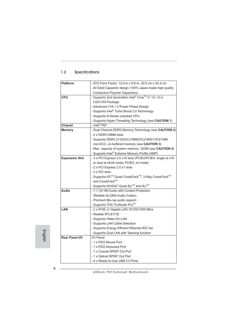 English 1.2 specifications | ASRock P67 Extreme6 User Manual | Page 6 / 312
