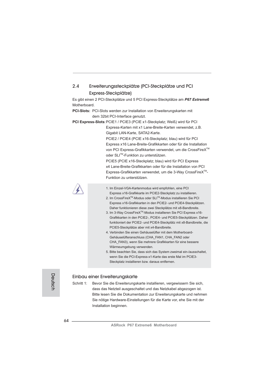 Einbau einer erweiterungskarte, Deutsch | ASRock P67 Extreme6 User Manual | Page 64 / 312