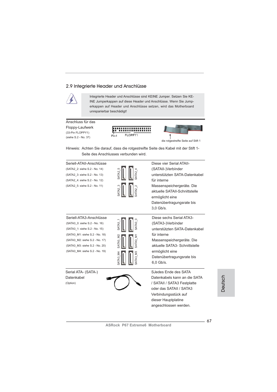 Deutsch, 9 integrierte header und anschlüsse | ASRock P67 Extreme6 User Manual | Page 67 / 312