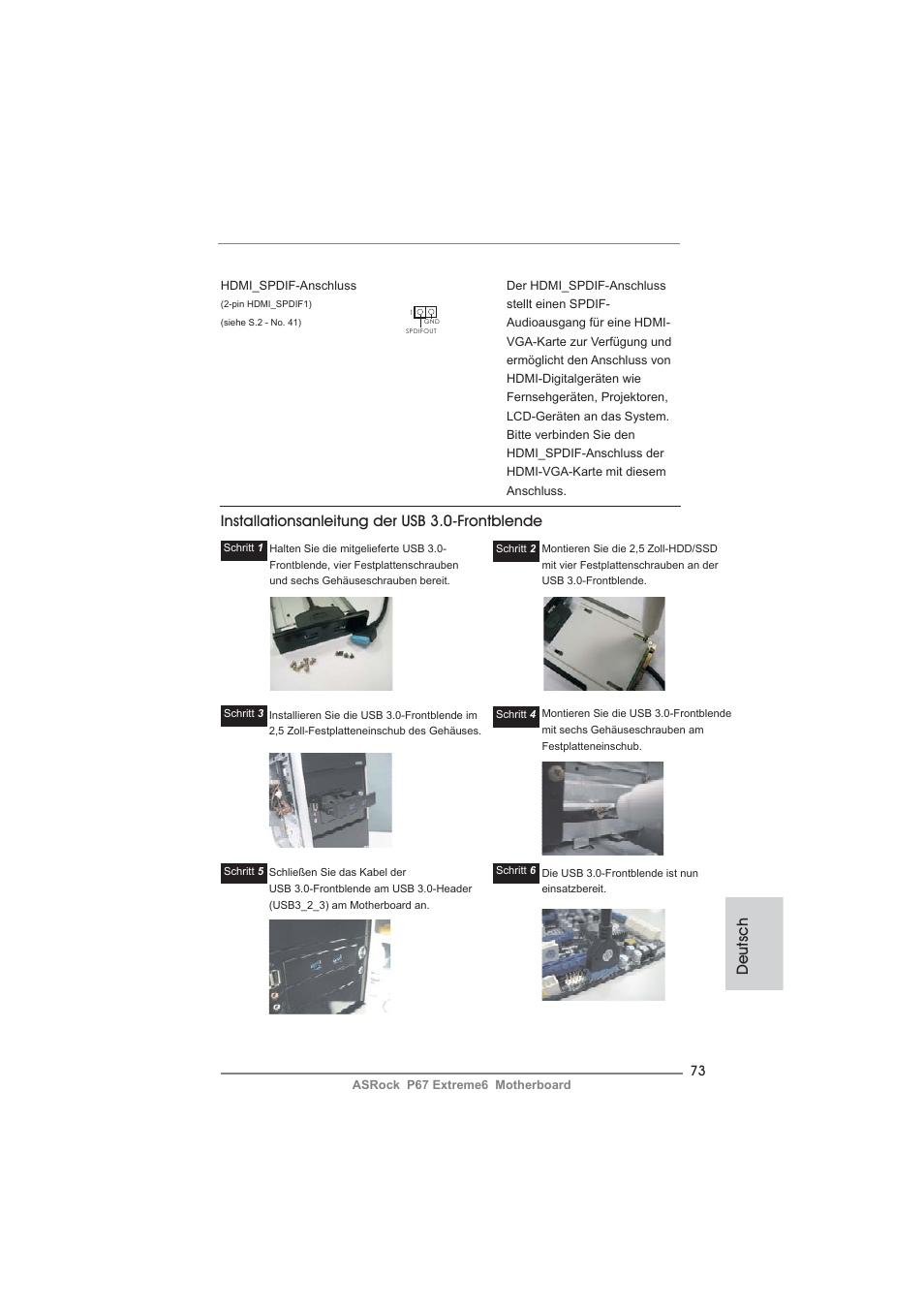 Deutsch, Installationsanleitung der usb 3.0-frontblende | ASRock P67 Extreme6 User Manual | Page 73 / 312