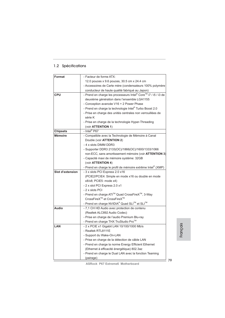 Français 1.2 spécifications | ASRock P67 Extreme6 User Manual | Page 79 / 312