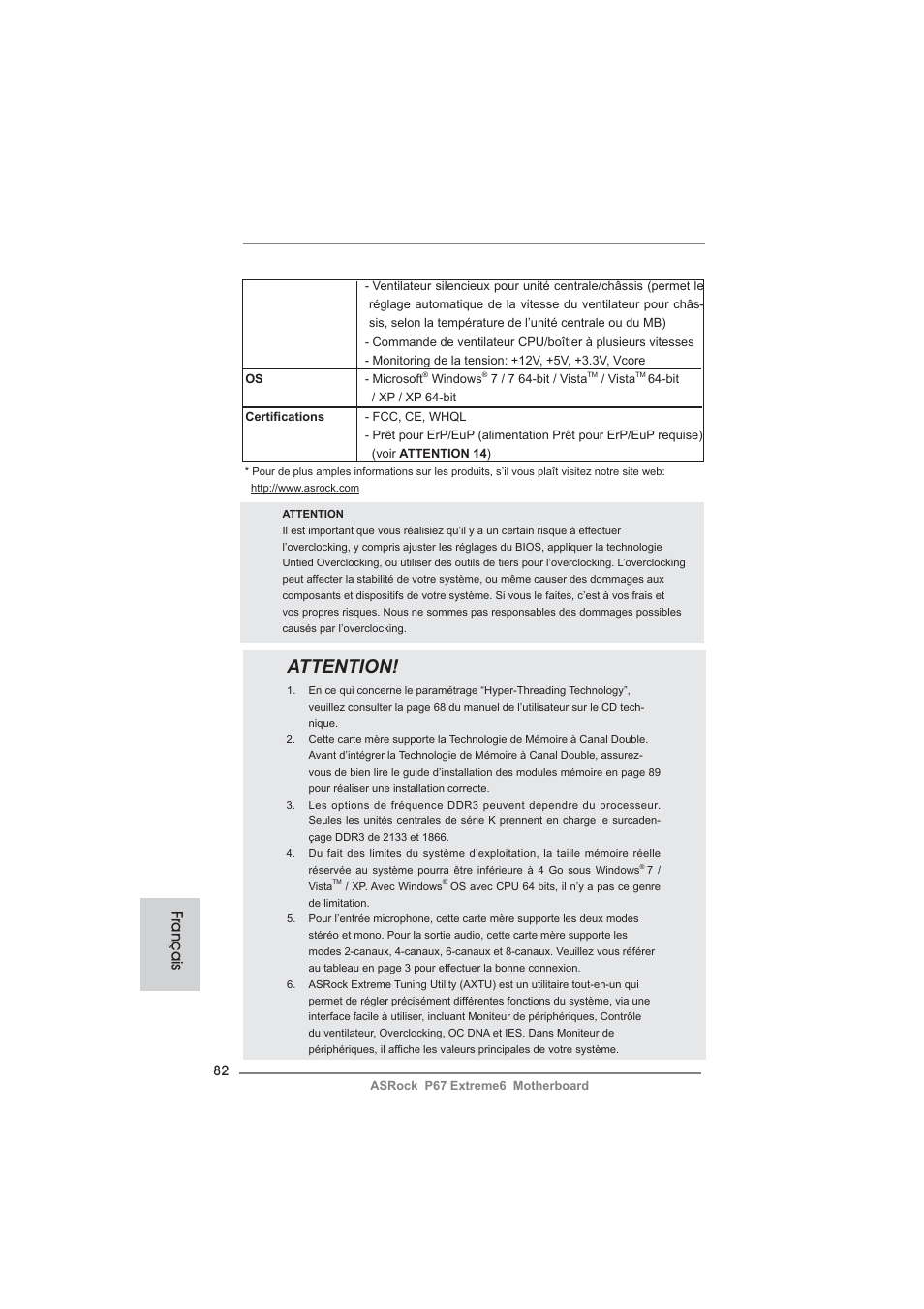 Attention, Français | ASRock P67 Extreme6 User Manual | Page 82 / 312