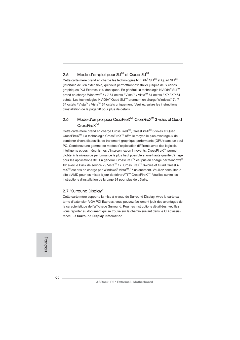 5 mode d’emploi pour sli, Et quad sli, 6 mode d’emploi pour crossfirex | Crossfirex, Voies et quad crossfirex, 7 “surround display, Français | ASRock P67 Extreme6 User Manual | Page 92 / 312