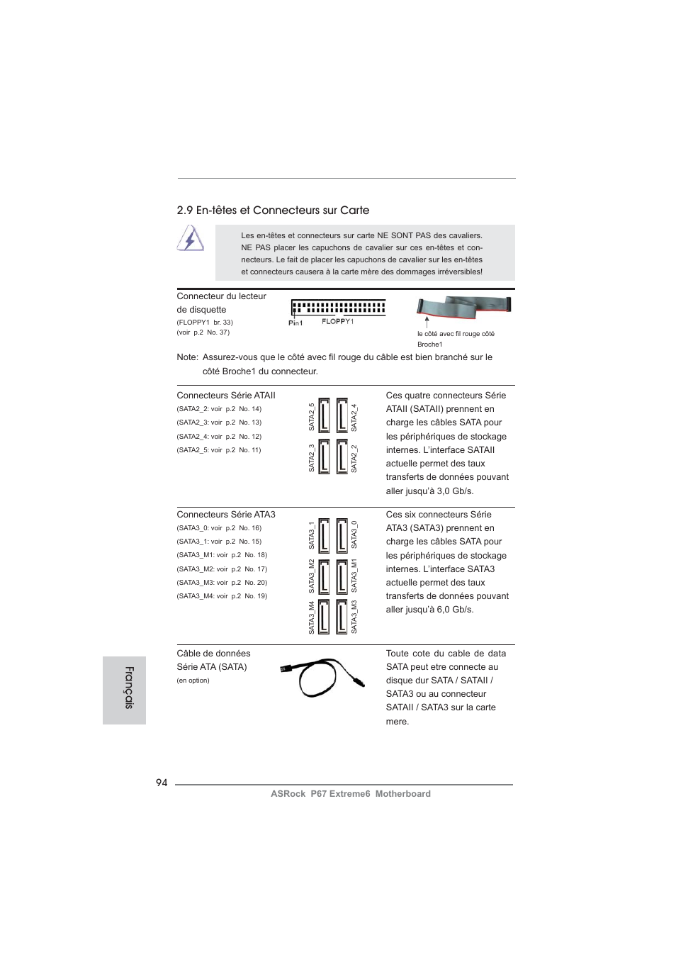 9 en-têtes et connecteurs sur carte, Français | ASRock P67 Extreme6 User Manual | Page 94 / 312