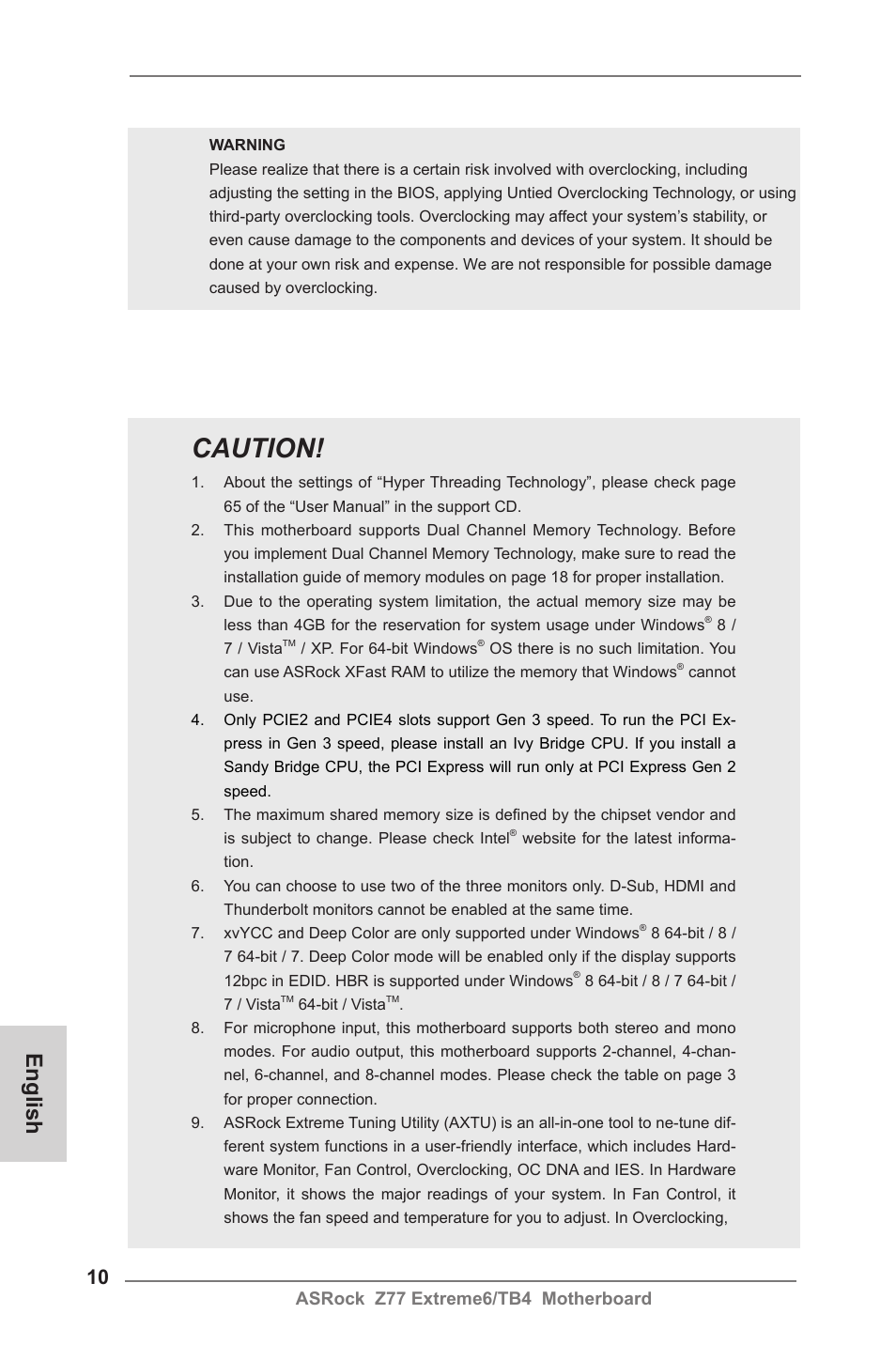 Caution, English, Asrock z77 extreme6/tb4 motherboard | ASRock Z77 Extreme6__TB4 User Manual | Page 10 / 206