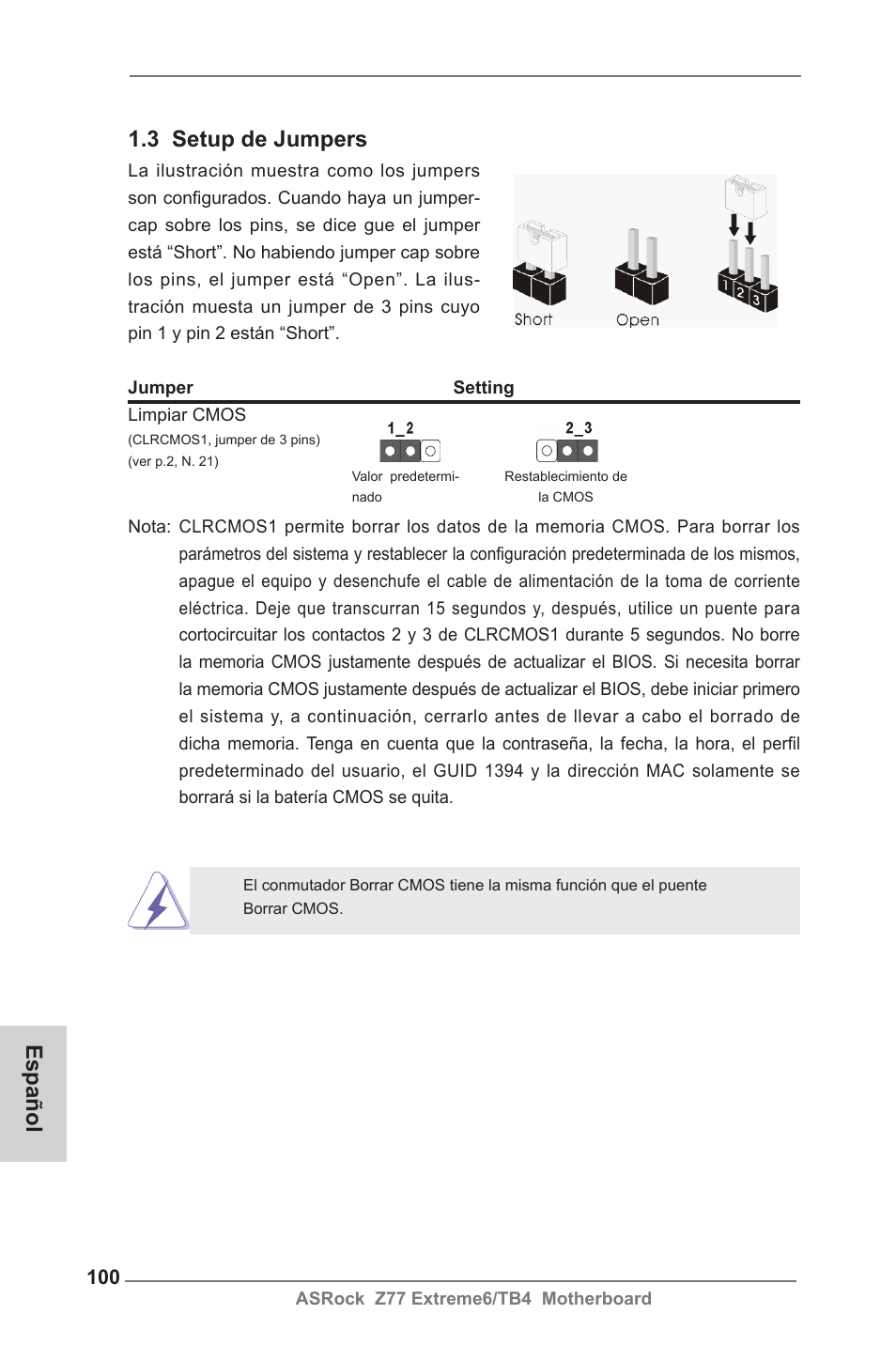 3 setup de jumpers, Español | ASRock Z77 Extreme6__TB4 User Manual | Page 100 / 206