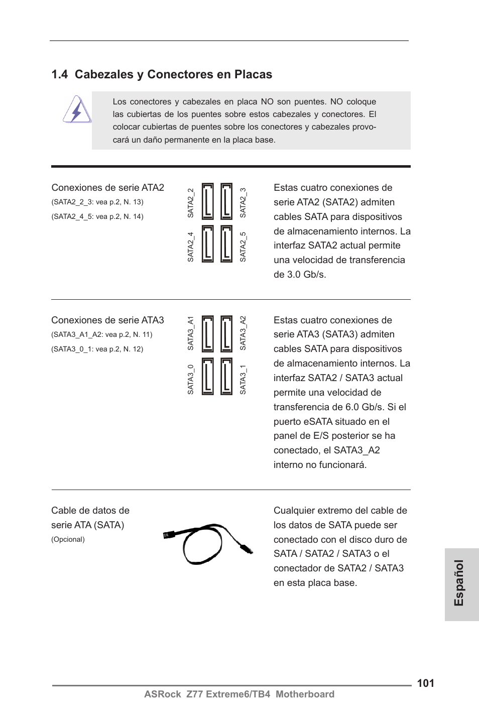 4 cabezales y conectores en placas, Español | ASRock Z77 Extreme6__TB4 User Manual | Page 101 / 206