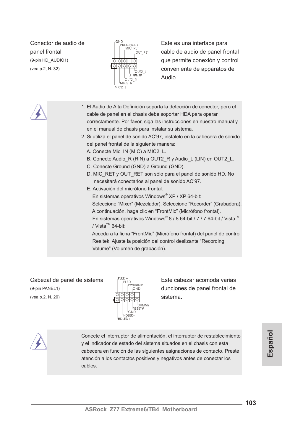 Español | ASRock Z77 Extreme6__TB4 User Manual | Page 103 / 206
