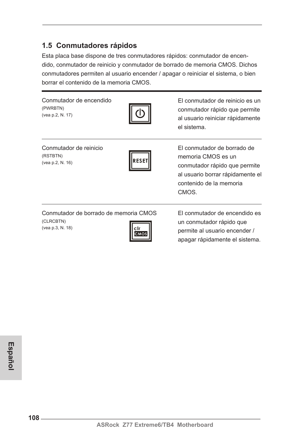 5 conmutadores rápidos, Español | ASRock Z77 Extreme6__TB4 User Manual | Page 108 / 206