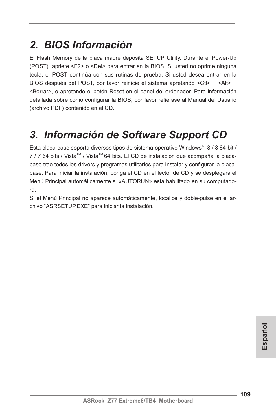 Bios información, Información de software support cd, Español | ASRock Z77 Extreme6__TB4 User Manual | Page 109 / 206