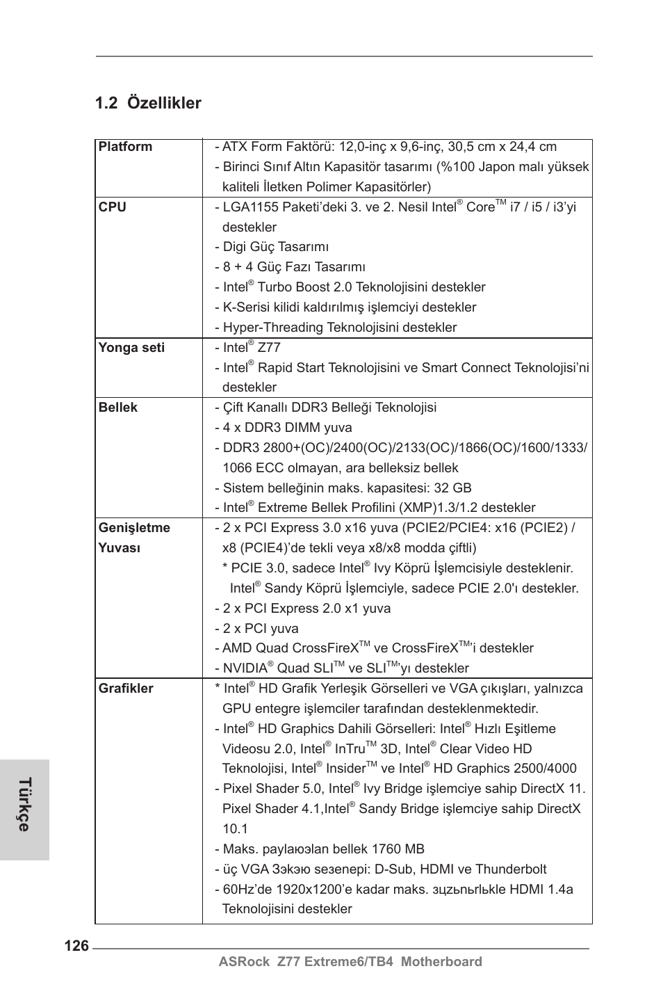 2 özellikler, Türkçe | ASRock Z77 Extreme6__TB4 User Manual | Page 126 / 206