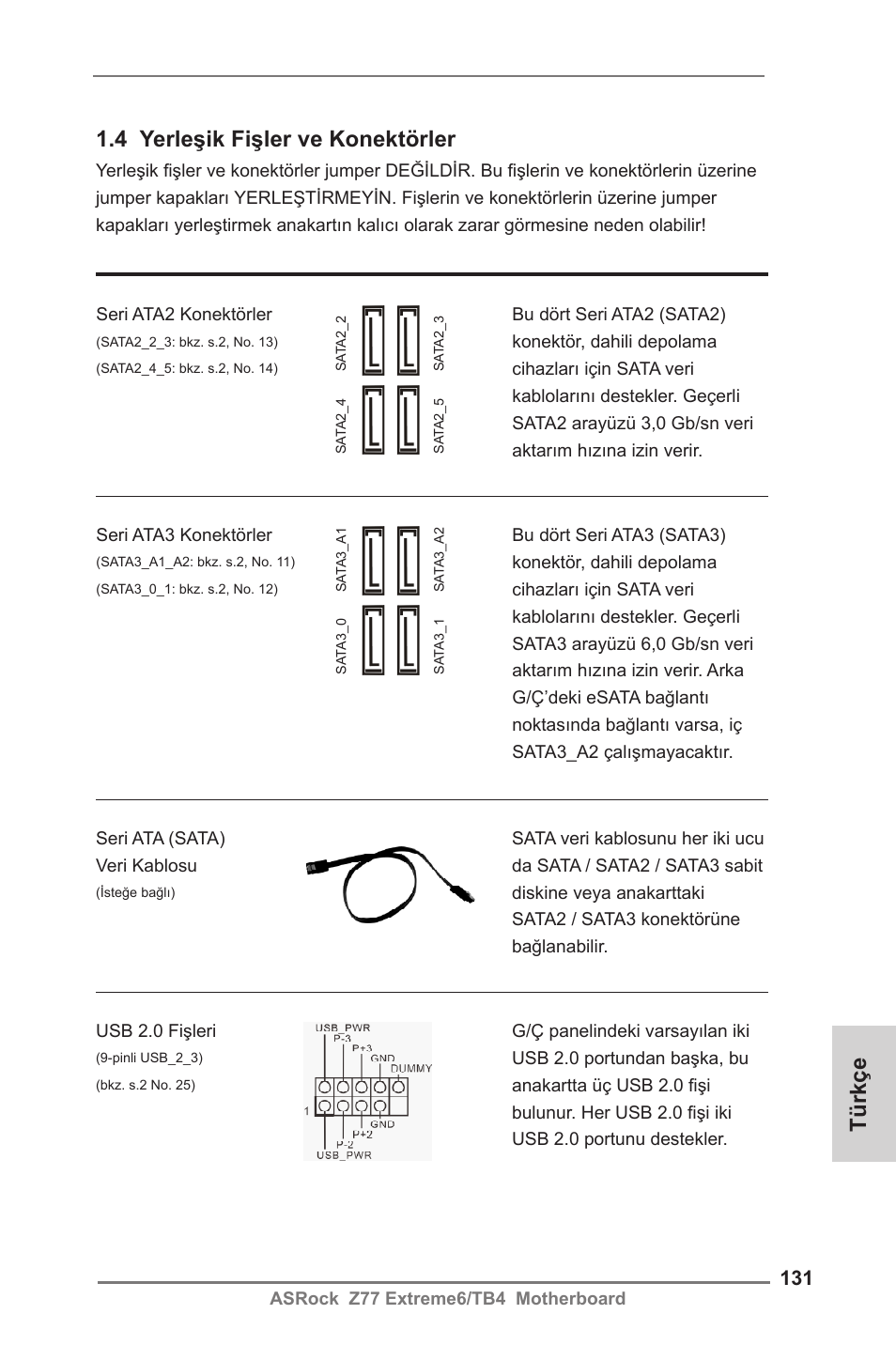 4 yerleşik fişler ve konektörler, Türkçe | ASRock Z77 Extreme6__TB4 User Manual | Page 131 / 206