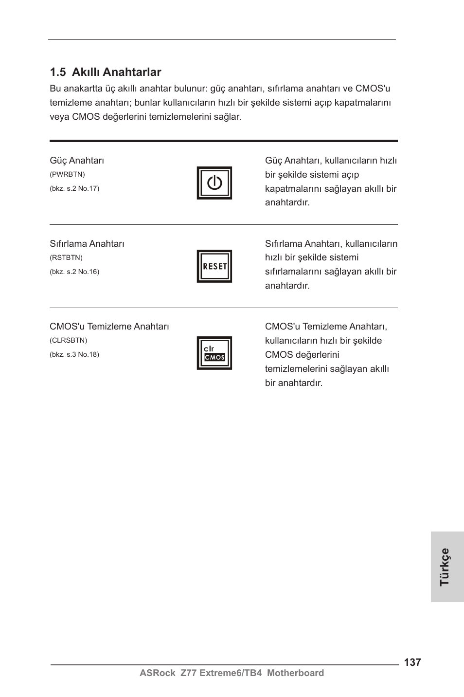 5 akıllı anahtarlar, Türkçe | ASRock Z77 Extreme6__TB4 User Manual | Page 137 / 206