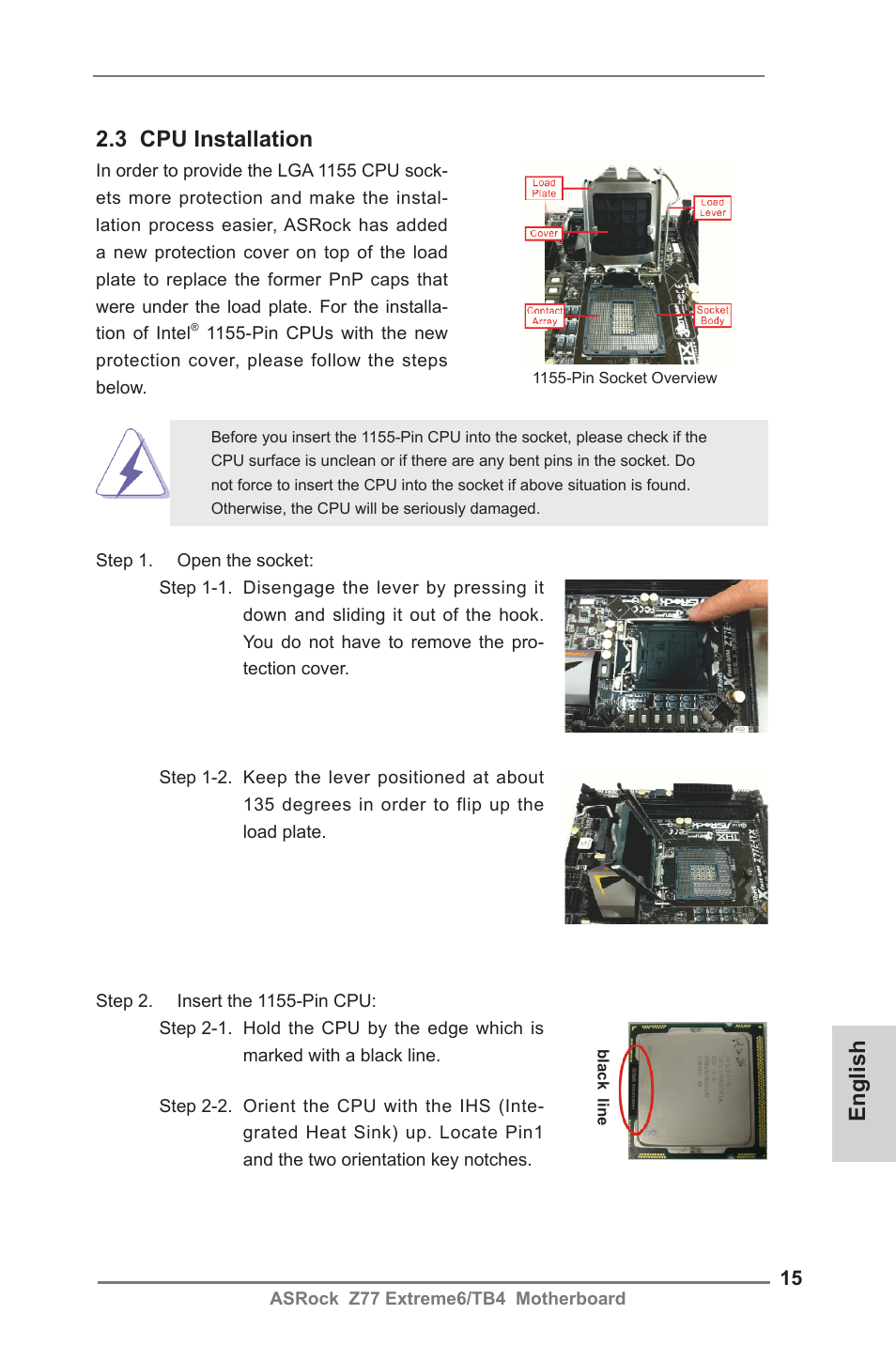 3 cpu installation, English | ASRock Z77 Extreme6__TB4 User Manual | Page 15 / 206
