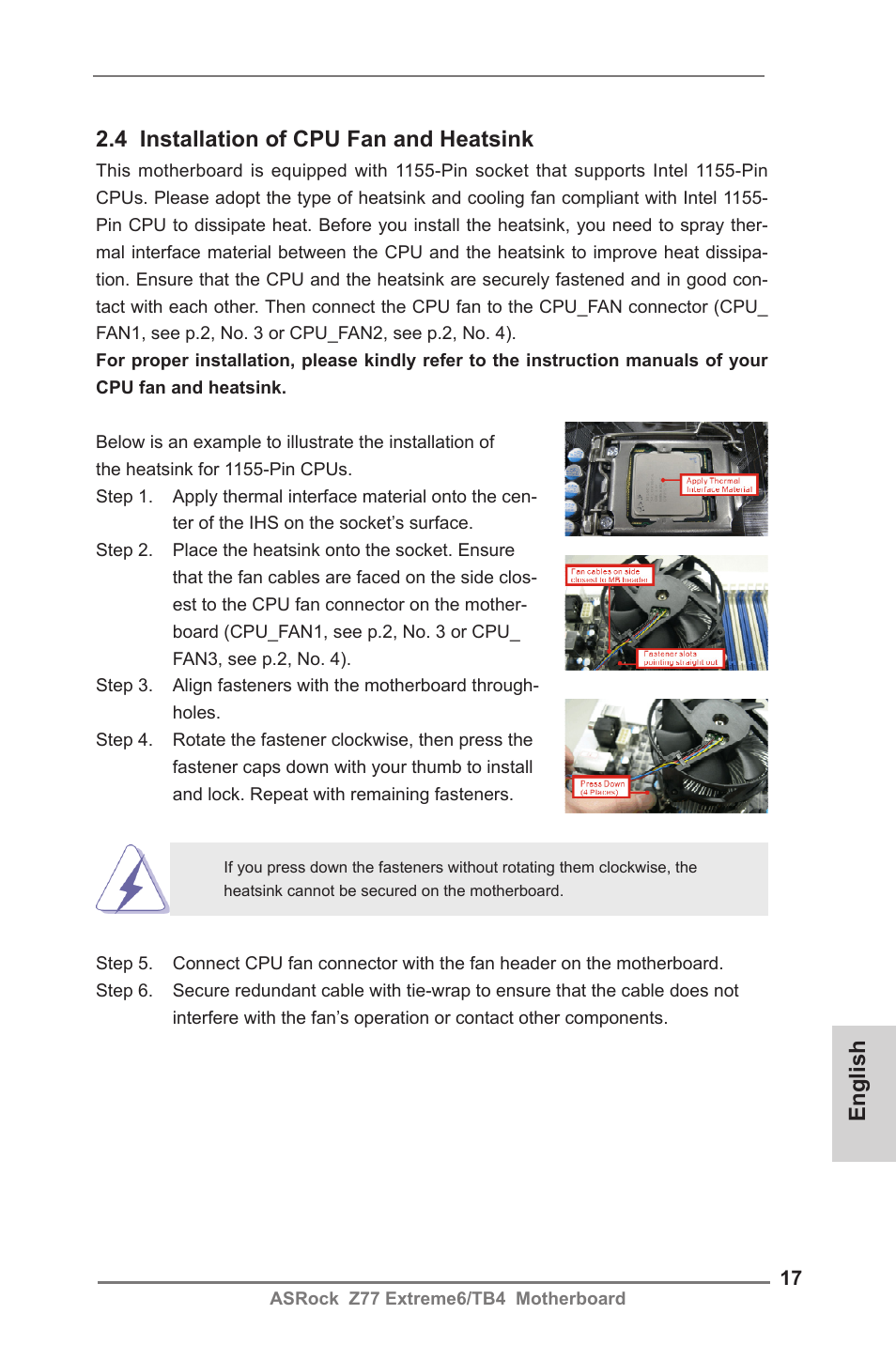 4 installation of cpu fan and heatsink, English | ASRock Z77 Extreme6__TB4 User Manual | Page 17 / 206