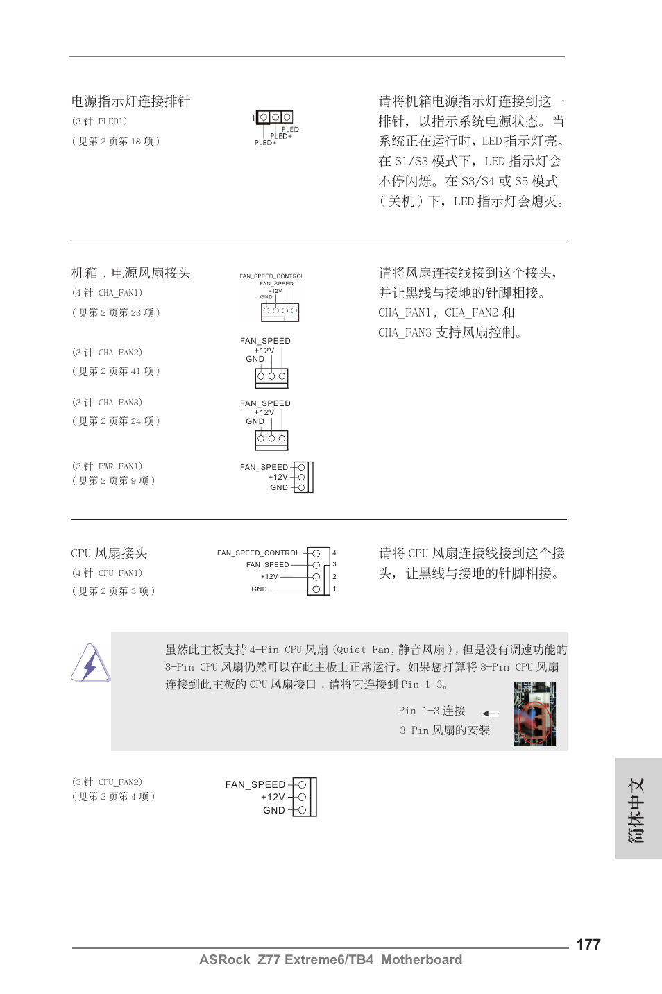簡體中文, Asrock z77 extreme6/tb4 motherboard, 電源指示燈連接排針 請將機箱電源指示燈連接到這一 | 排針，以指示系統電源狀態。當, 並讓黑線與接地的針腳相接, Cha_fan1, cha_fan2 和 cha_fan3 支持風扇控制, Cpu 風扇接頭 請將 cpu 風扇連接線接到這個接, 頭，讓黑線與接地的針腳相接 | ASRock Z77 Extreme6__TB4 User Manual | Page 177 / 206