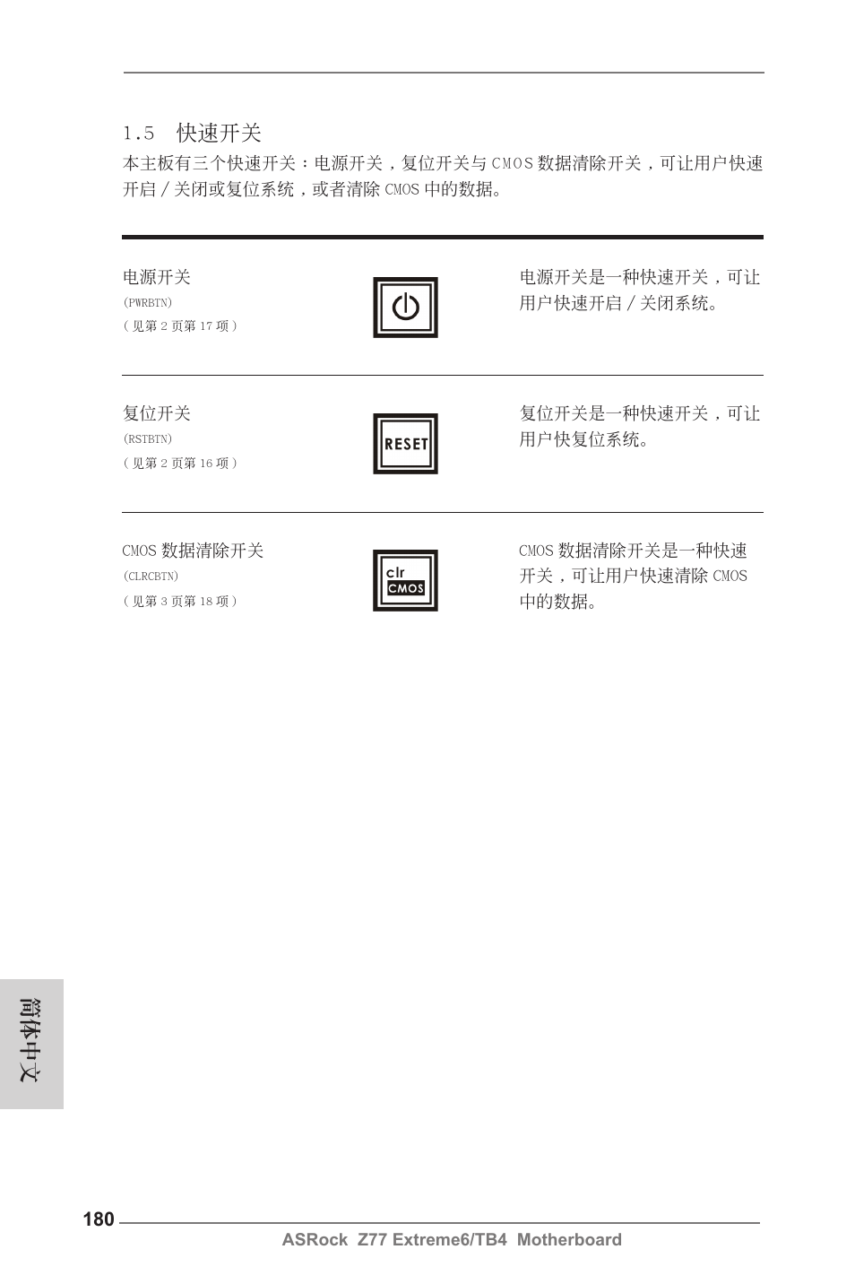 5 快速開關, 簡體中文 | ASRock Z77 Extreme6__TB4 User Manual | Page 180 / 206
