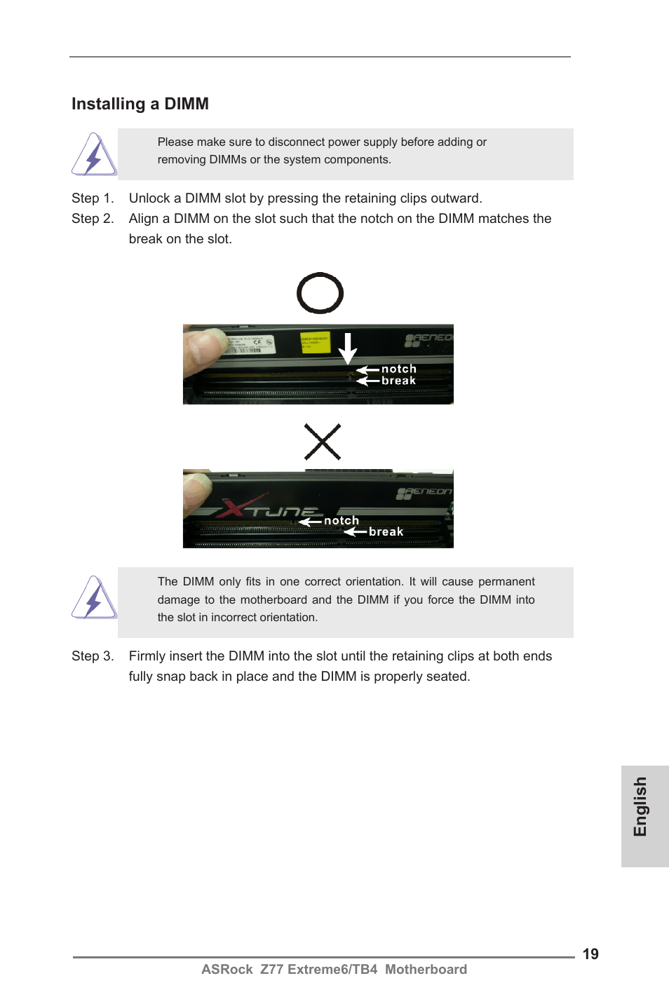 Installing a dimm, English | ASRock Z77 Extreme6__TB4 User Manual | Page 19 / 206