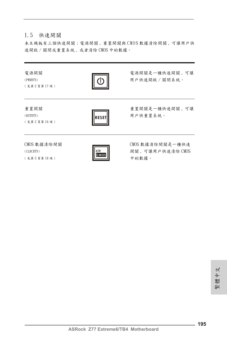 5 快速開關, 繁體中文 | ASRock Z77 Extreme6__TB4 User Manual | Page 195 / 206