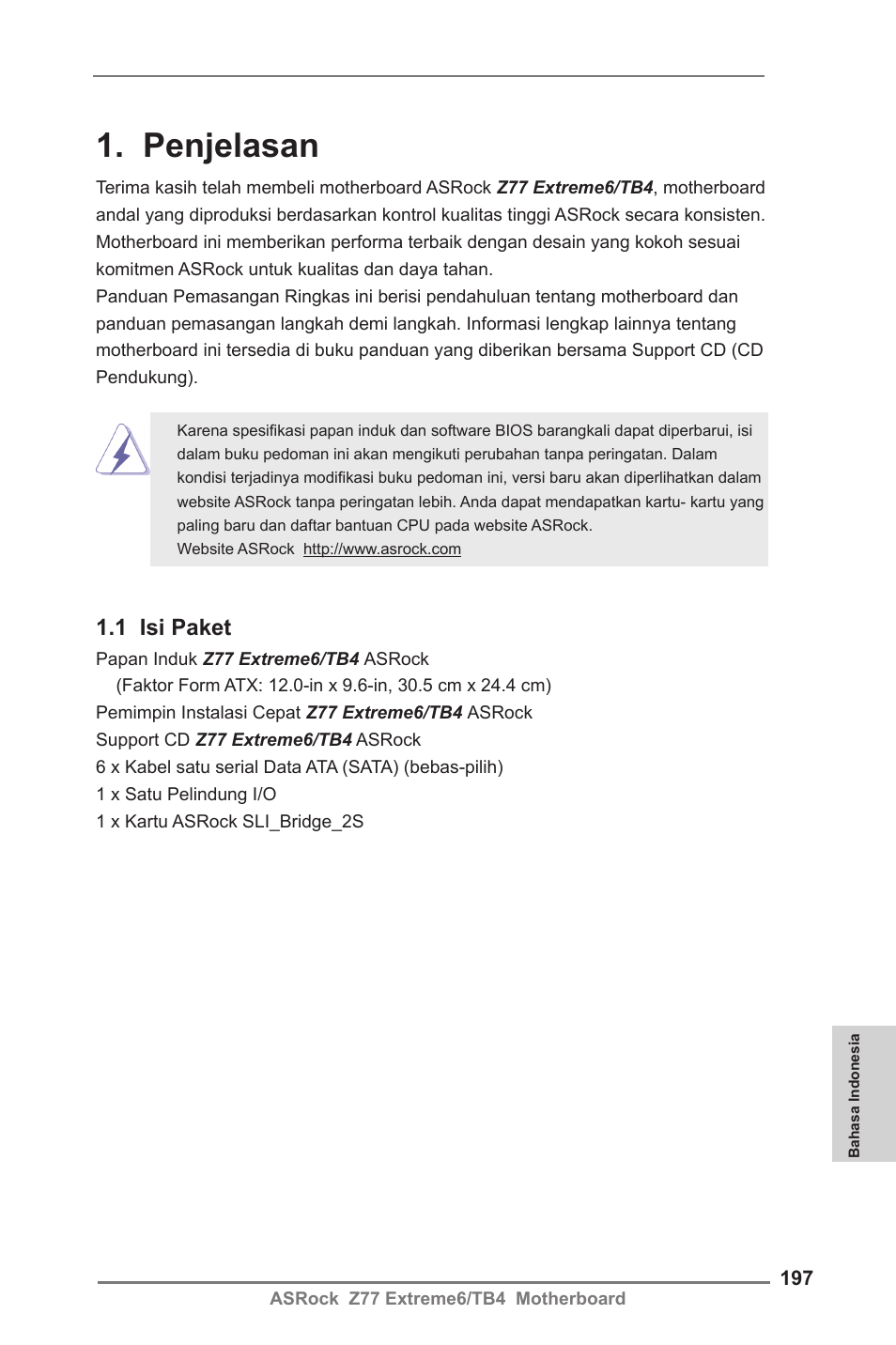 Indonesian, Penjelasan, 1 isi paket | ASRock Z77 Extreme6__TB4 User Manual | Page 197 / 206
