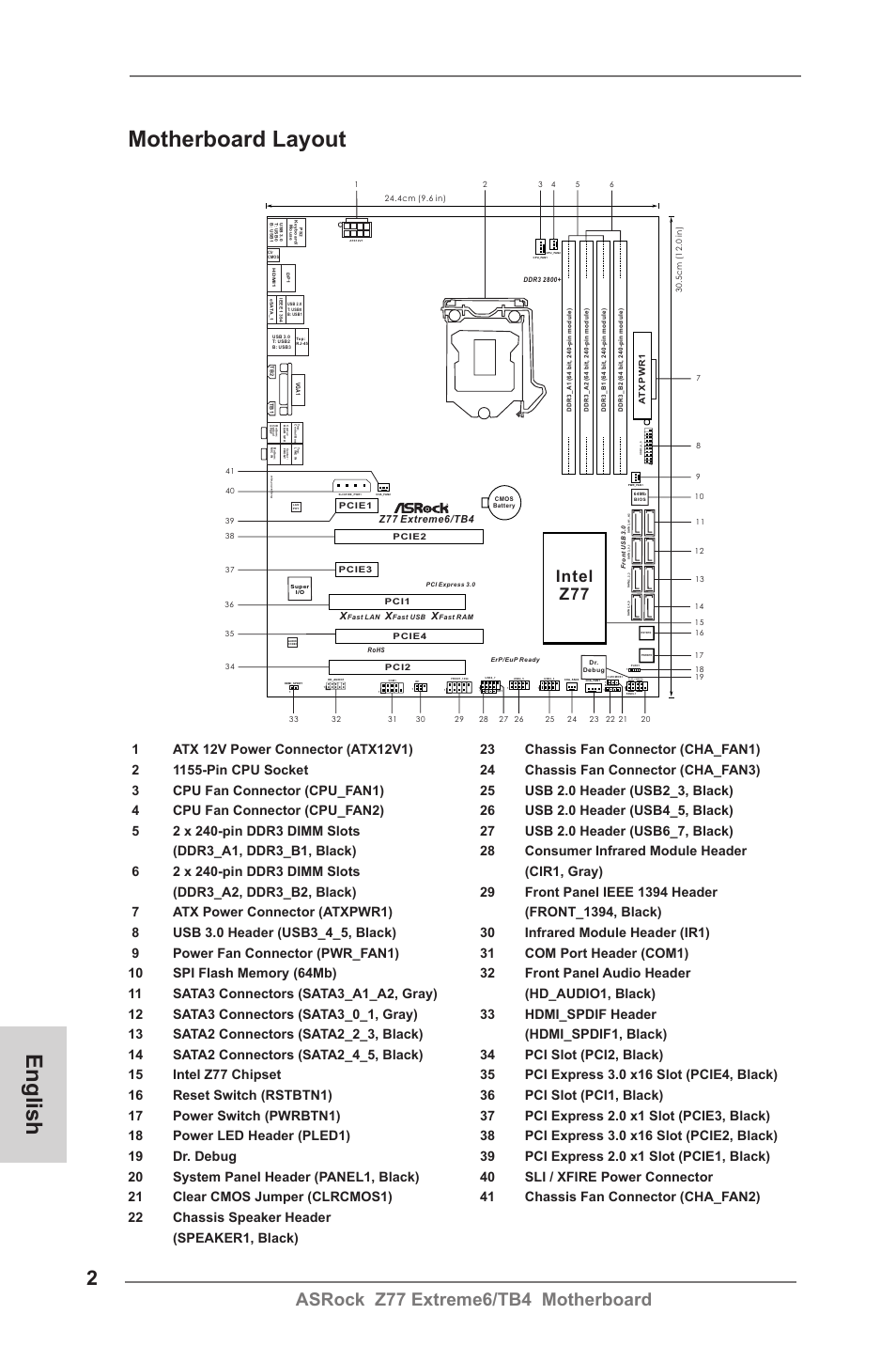 English motherboard layout, Asrock z77 extreme6/tb4 motherboard, Intel z77 | Hdled reset pled pwrbtn, Z77 extreme6/tb4 | ASRock Z77 Extreme6__TB4 User Manual | Page 2 / 206