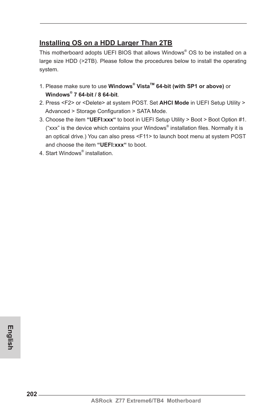 Installing os on a hdd larger than 2tb, English | ASRock Z77 Extreme6__TB4 User Manual | Page 202 / 206