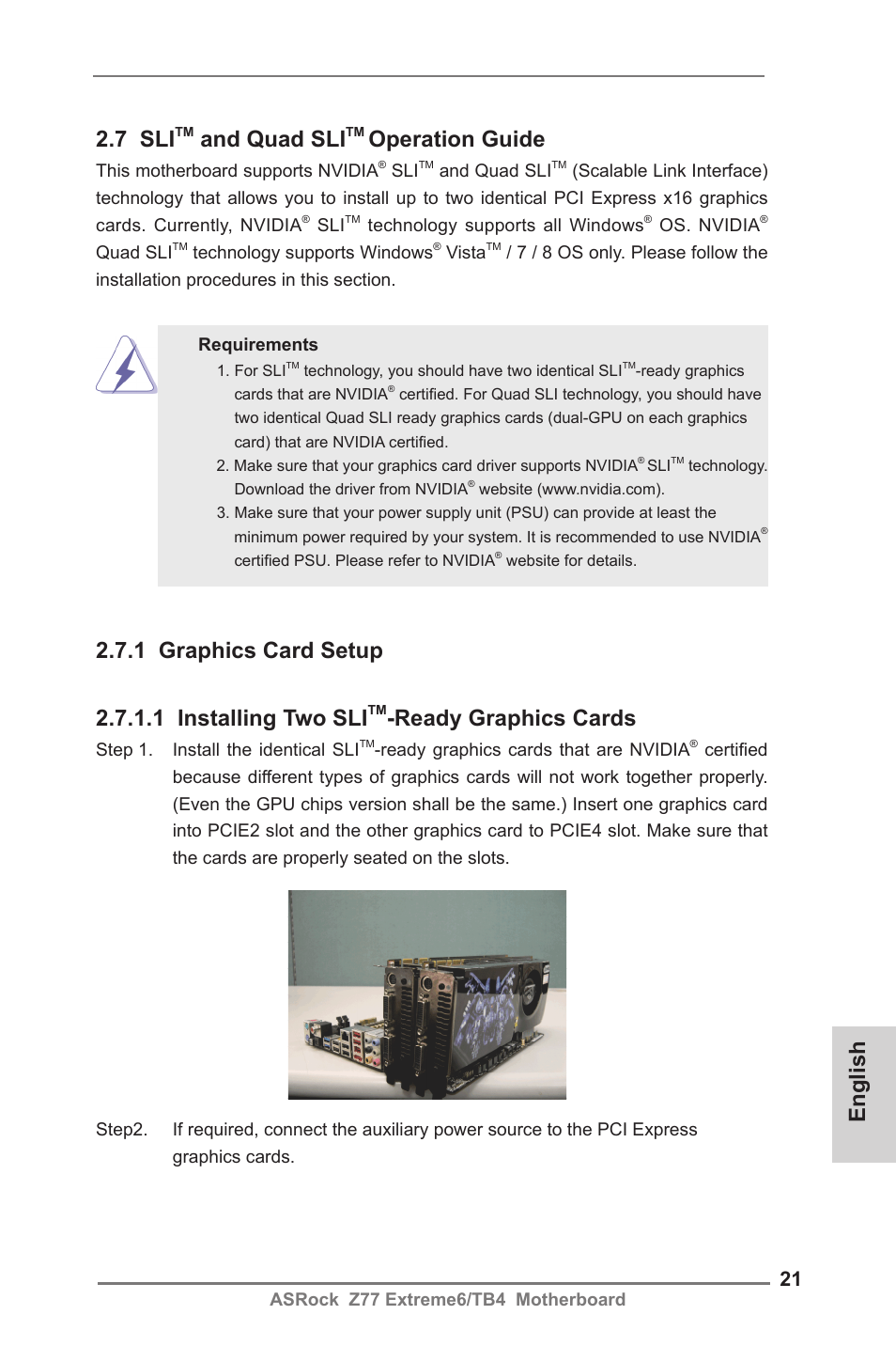 7 sli, And quad sli, Operation guide | Ready graphics cards, English | ASRock Z77 Extreme6__TB4 User Manual | Page 21 / 206