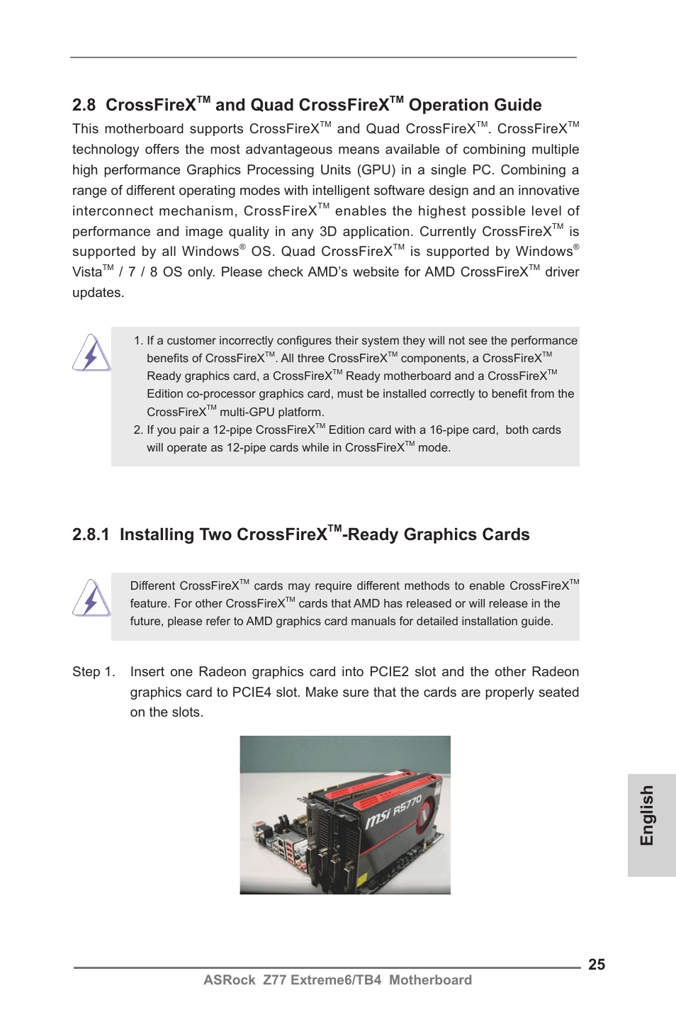 8 crossfirex, And quad crossfirex, Operation guide | 1 installing two crossfirex, Ready graphics cards, English | ASRock Z77 Extreme6__TB4 User Manual | Page 25 / 206