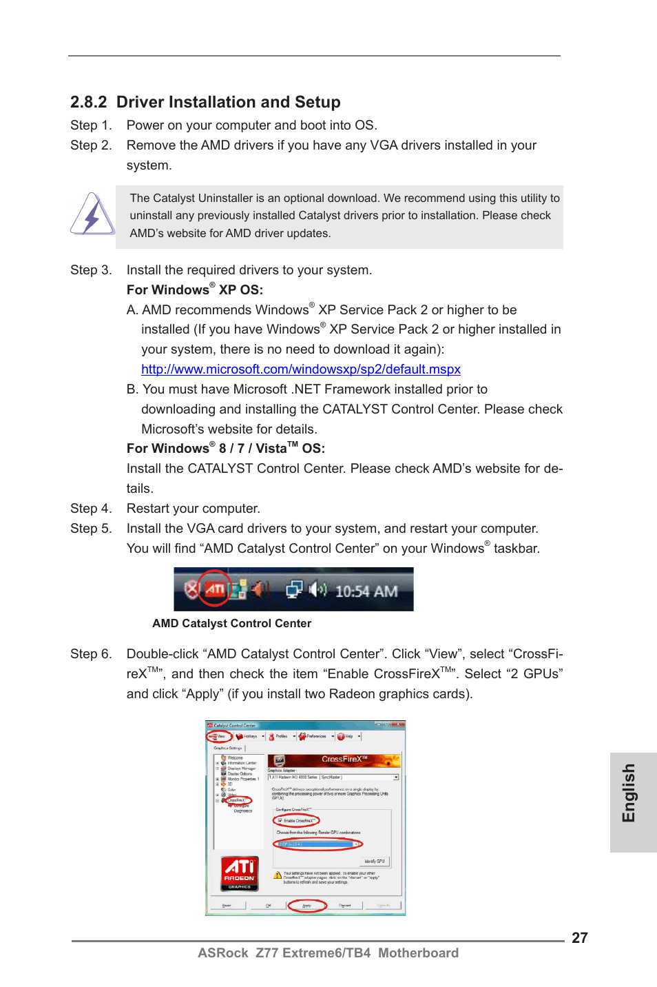 2 driver installation and setup, English | ASRock Z77 Extreme6__TB4 User Manual | Page 27 / 206