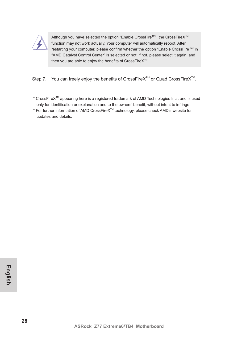 English, Asrock z77 extreme6/tb4 motherboard, Or quad crossfirex | ASRock Z77 Extreme6__TB4 User Manual | Page 28 / 206