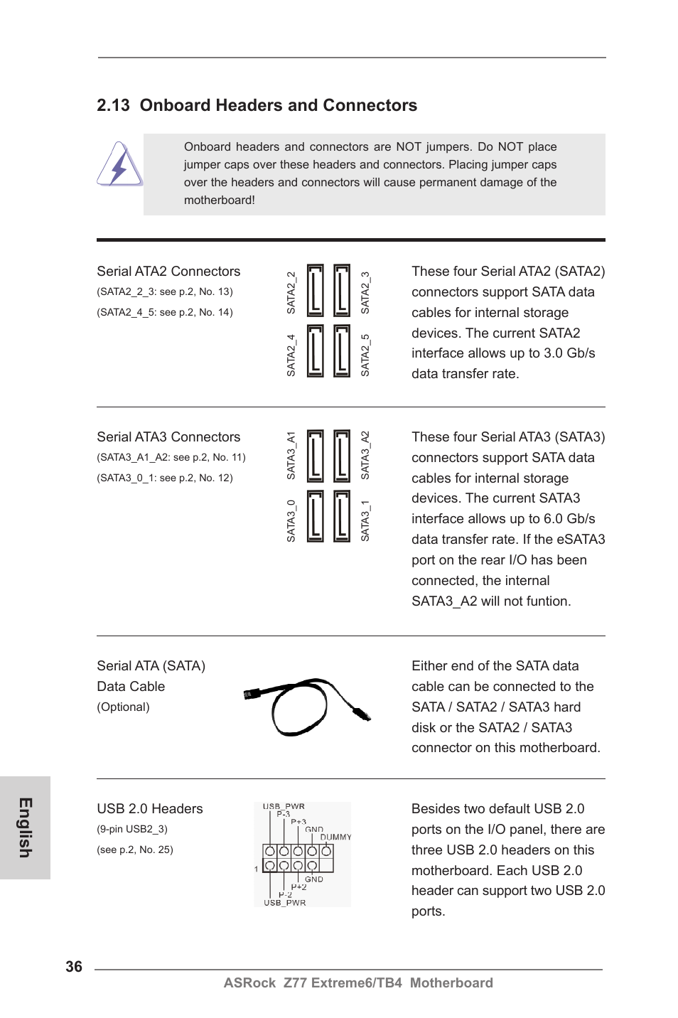 13 onboard headers and connectors, English | ASRock Z77 Extreme6__TB4 User Manual | Page 36 / 206