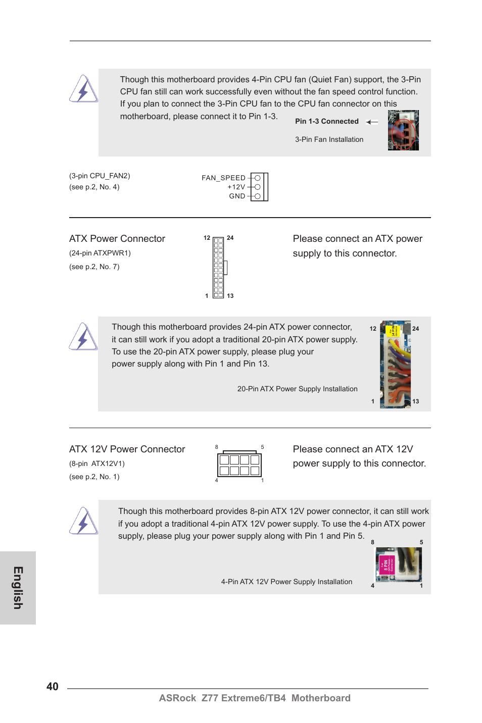 English, Asrock z77 extreme6/tb4 motherboard, Atx power connector please connect an atx power | Supply to this connector, Atx 12v power connector please connect an atx 12v, Power supply to this connector | ASRock Z77 Extreme6__TB4 User Manual | Page 40 / 206
