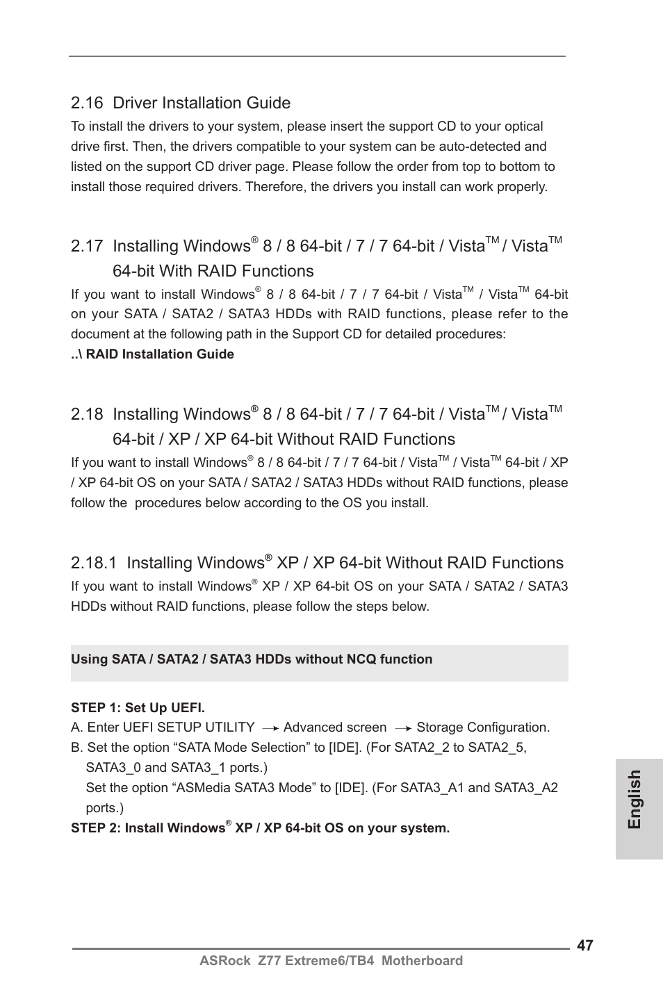 16 driver installation guide, 17 installing windows, Vista | Bit with raid functions, 18 installing windows, Bit / xp / xp 64-bit without raid functions, 1 installing windows, Xp / xp 64-bit without raid functions, English | ASRock Z77 Extreme6__TB4 User Manual | Page 47 / 206